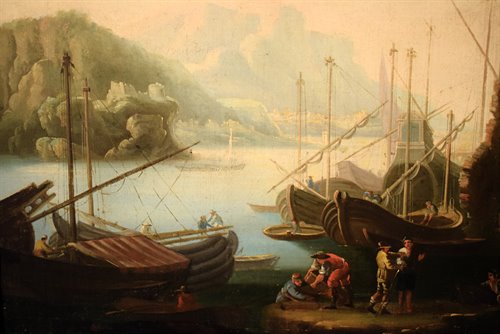Paysage côtier avec port et ruines